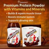 Baksons Protein Powder packaging with a brown background 