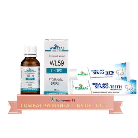 Combat pyorrhea effectively with the powerful combo of homeopathy  WL-59 Pyorrhoea Drops and Hekla Lava Senso Teeth Toothpaste, remedy for bleeding gums and pain while brushing teeth, treatment for swollen gums and gum sensitivity homeopathy, medicine for loose teeth and receding gums natural, relief for gum pain infection and mouth ulcers homeopathy