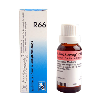 Dr. Reckeweg R66 cardiac arrhythmia drops bottle and packaging on a white background
