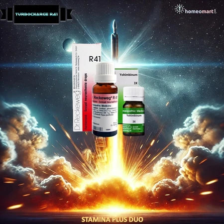 Get the ultimate homeopathic stamina booster with R41 + Yohimbinum Tablets or R41 + 5x Medicated Pills. Designed to improve timing, endurance, and energy, this expert-approved combination enhances strength and confidence.