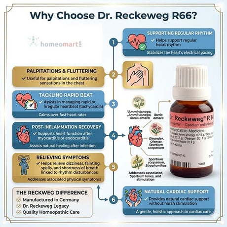 Dr. Reckeweg R66 homeopathic medicine bottle with promotional heart related infographic text on a white background