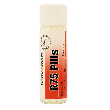 Bottle of Reckeweg R75 drops in Pills form with 'homeomart' branding on a white background