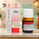 R86 Hypocin bottle and packaging on a wooden surface with a infographic background showing health benefits in low blood sugar