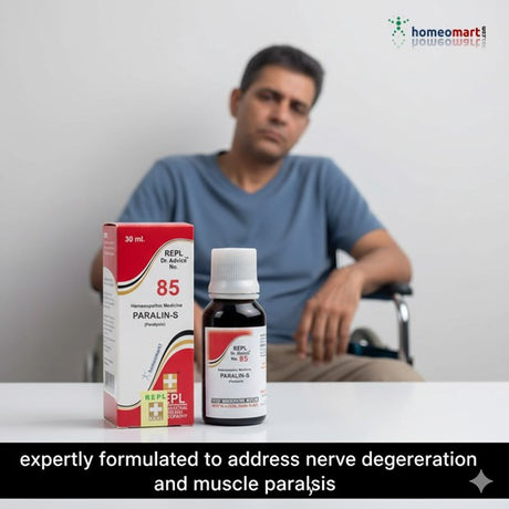 disabled Man sitting with Paralin-S homeopathy medicine packaging and bottle on a table, featuring HomeoMart logo.