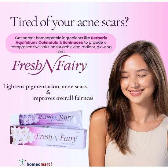 Fourrts Fresh n Fairy Homeopathic Fairness Cream combines the natural healing properties of Berberis Aquifolium, Calendula, and Echinacea to address a range of skin issues, from acne and dark circles to dryness and uneven skin tone.