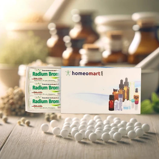 Homeopathy Radium Brom Pills box  on a wooden surface with a traditional pharmacy background