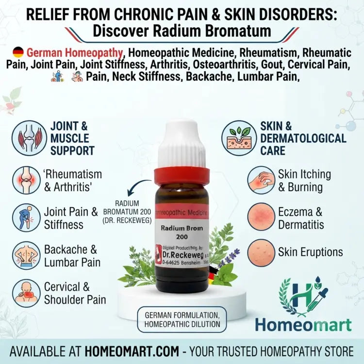 Radium Bromatum German Homeopathy, Homeopathic Medicine, Rheumatism, Rheumatic Pain, Joint Pain, Joint Stiffness, Arthritis, Osteoarthritis, Gout, Cervical Pain, Neck Stiffness, Backache, Lumbar Pain, Musculoskeletal Pain, Shoulder Pain, Knee Pain, Ankle Pain, Skin Itching, Burning Skin, Dermatitis, Eczema, Skin Eruptions, Pimples, Redness,