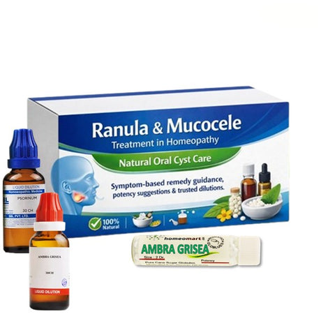 Homeopathic treatment products for Ranula & Mucocele on a white background
