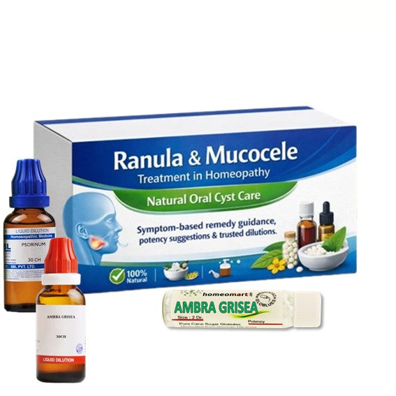 Homeopathic treatment products for Ranula & Mucocele on a white background