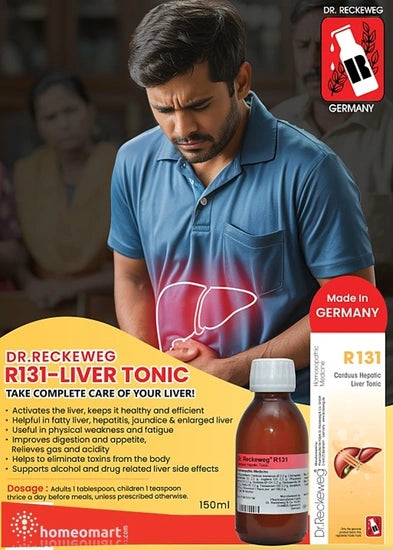 Advertisement for Dr. Reckeweg R131-Liver Tonic with a man and  a liver illustration.
