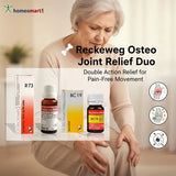 Advertisement for Reckeweg Osteo Joint Relief Duo showing an elderly woman with joint pain.