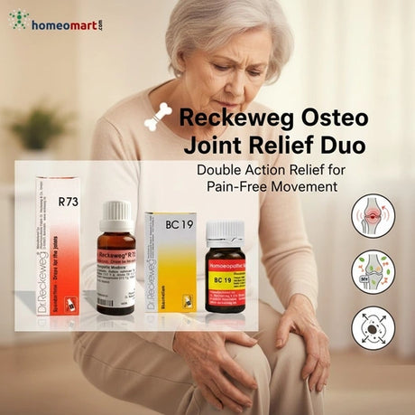 Advertisement for Reckeweg Osteo Joint Relief Duo showing an elderly woman with joint pain.