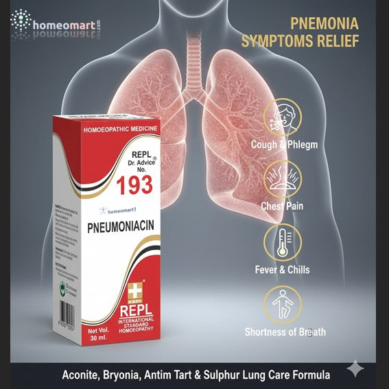 Pneumonia treatment product with lungs illustration and symptoms on a gray background