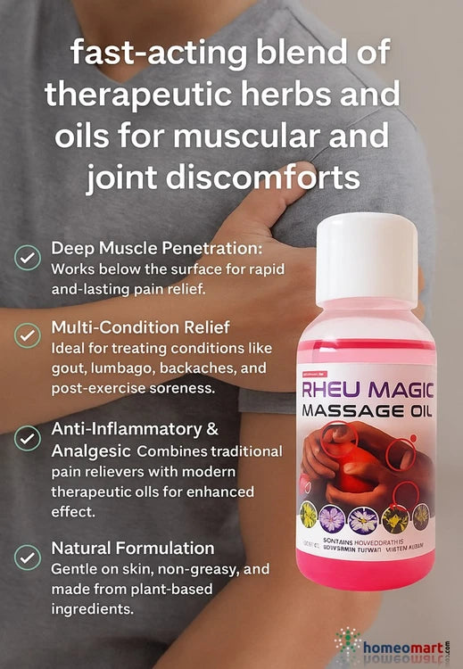 Natural pain relief oil with Rhus Tox, Arnica & Gaultheria for joint stiffness, sciatica, gout, and backache. Non-greasy & fast-acting formula.