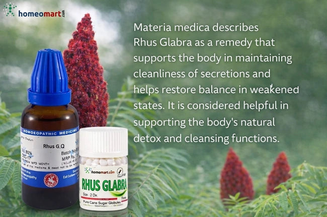 Homeopathic remedies in drops & pills with Rhus Glabra plant against a natural background with benefit text