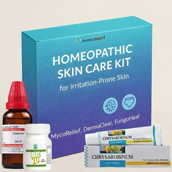 Homeopathic skin care kit for ringworm treatment with various products on a beige background