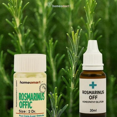 Two bottles of Rosmarinus officinalis homeopathic medicine with rosemary plants in the background, featuring the Homeomart brand.