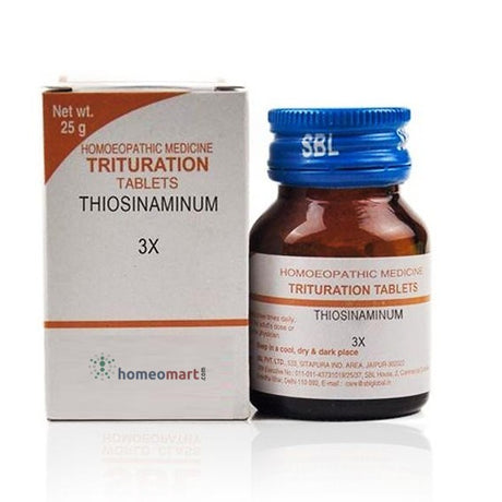 Bottle and box of SBL Thiosinaminum homeopathic medicine on a white background