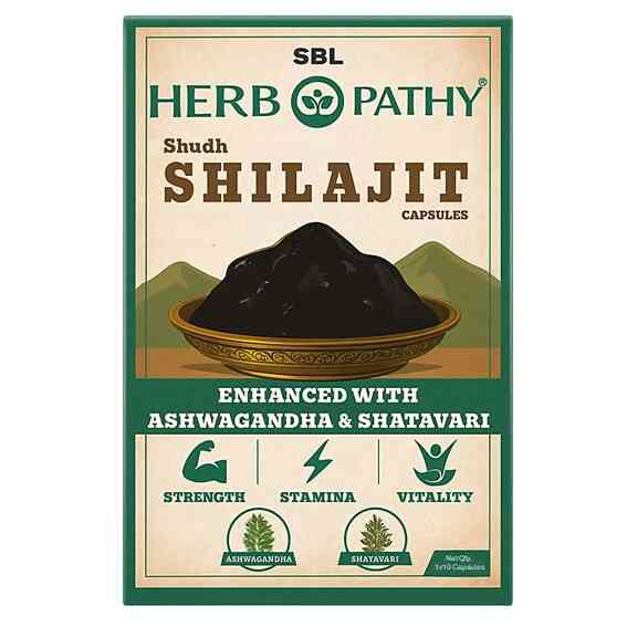 SBL Herb Pathy Shilajit capsules packaging with black shilajit in a bowl.