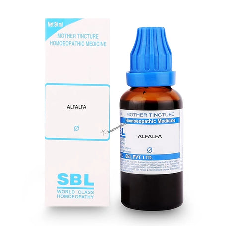 SBL Alfalfa Mother Tincture Homeopathic Medicine bottle and packaging on a white background
