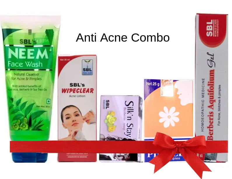 Complete Homeopathic Solution for Acne, Pimples & Clear Skin with Pimplex tablets, Wipeclear lotion, Neem face wash, Berberis gel & soap