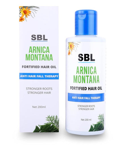 SBL Arnica Fortified Hair Oil controls hair fall, dandruff & graying. Enriched with 5X Arnica, Jaborandi & Calendula. For healthy scalp & strong hair.