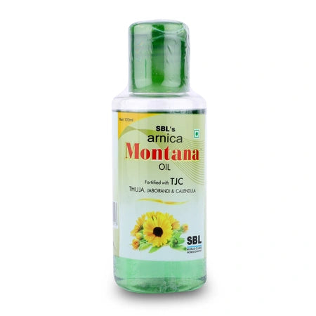 SBL Arnica Montana Hair Oil strengthens hair, reduces dandruff, and promotes growth with Arnica, Jaborandi & Calendula. Non-sticky & non-greasy.