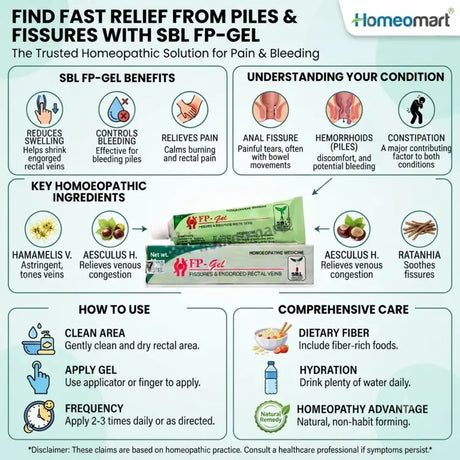 SBL, FP Gel, piles, hemorrhoids, bleeding piles, anal fissure, fissure, rectal pain, anal itching, hemorrhoid gel, piles cream, piles ointment, Hamamelis Virginica, Hydrastis Canadensis, Aesculus Hippocastanum, Ratanhia, Paeonia Officinalis, Viburnum Prunifolium, homeopathic gel, rectal care, constipation, burning after stool, external hemorrhoids, Homeomart