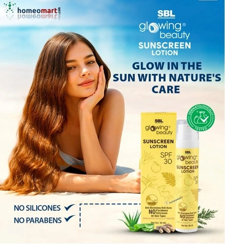 SBL Glowing Beauty Sunscreen Lotion advertisement with a woman on sun soaked beach and product packaging.