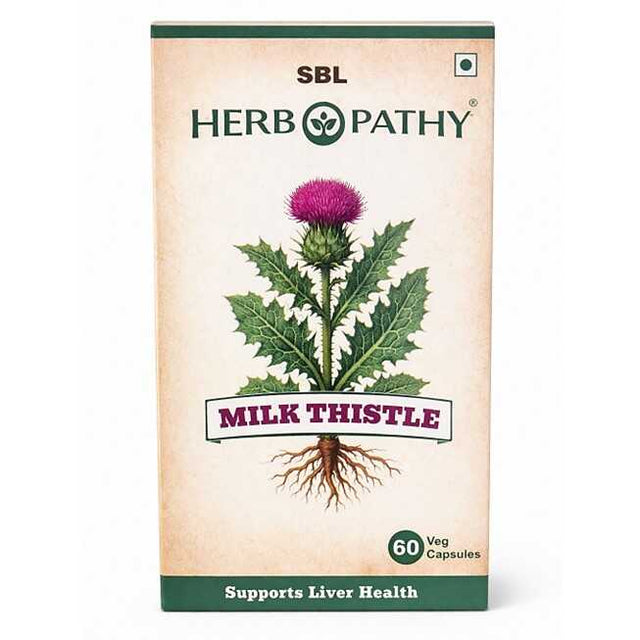 SBL Herbopathy Milk Thistle supplement packaging on a beige background