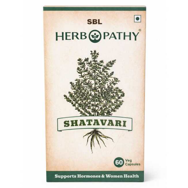 SBL Herbopathy Shatavari packaging with botanical illustration on a beige background