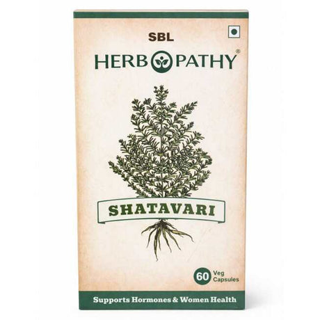 SBL Herbopathy Shatavari packaging with botanical illustration on a beige background