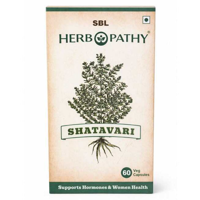 SBL Herbopathy Shatavari packaging with botanical illustration on a beige background