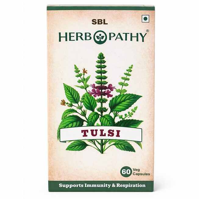 SBL Herbopathy Tulsi capsules packaging on a white background