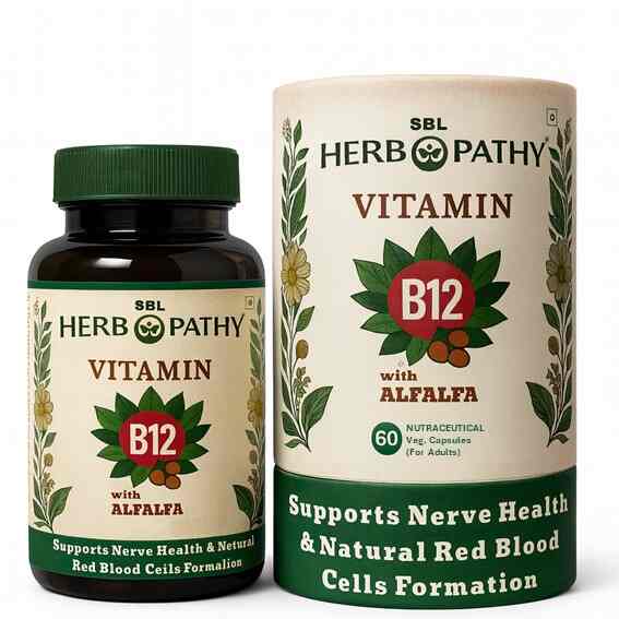 SBL HerboPathy Vitamin B12 with Alfalfa supplement bottle and container on a white background
