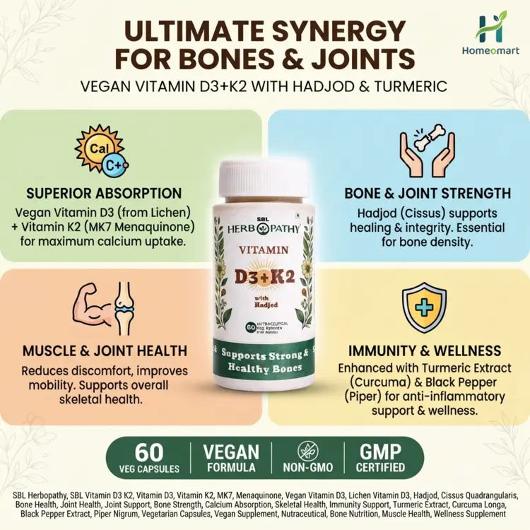 SBL Herbopathy, SBL Vitamin D3 K2, Vitamin D3, Vitamin K2, MK7, Menaquinone, Vegan Vitamin D3, Lichen Vitamin D3, Hadjod, Cissus Quadrangularis, Bone Health, Joint Health, Joint Support, Bone Strength, Calcium Absorption, Skeletal Health, Immunity Support, Turmeric Extract, Curcuma Longa, Black Pepper Extract, Piper Nigrum, Vegetarian Capsules, Vegan Supplement, Nutraceutical, Bone Nutrition, Muscle Health, Wellness Supplement