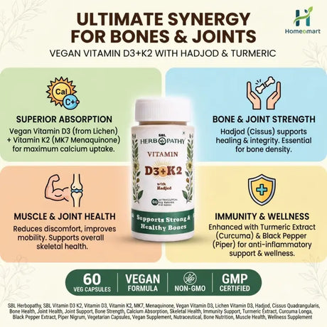 SBL Herbopathy, SBL Vitamin D3 K2, Vitamin D3, Vitamin K2, MK7, Menaquinone, Vegan Vitamin D3, Lichen Vitamin D3, Hadjod, Cissus Quadrangularis, Bone Health, Joint Health, Joint Support, Bone Strength, Calcium Absorption, Skeletal Health, Immunity Support, Turmeric Extract, Curcuma Longa, Black Pepper Extract, Piper Nigrum, Vegetarian Capsules, Vegan Supplement, Nutraceutical, Bone Nutrition, Muscle Health, Wellness Supplement