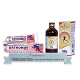 Orthomuv products including ointments and syrup on a white background indicating total muscle pain relief