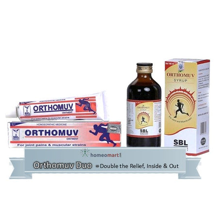 Orthomuv products including ointments and syrup on a white background indicating total muscle pain relief