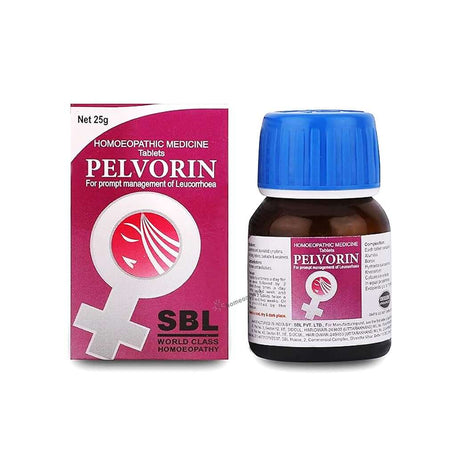 Buy SBL Pelvorin Tablets 25g for white vaginal discharge, itching, backache & pelvic pain. A trusted homeopathic remedy for leucorrhoea relief.