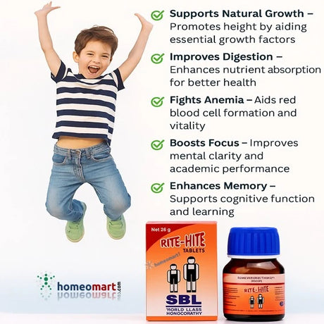 Unlock your child's full growth potential with SBL Rite Hite Tablets, the trusted homeopathic growth promoter.