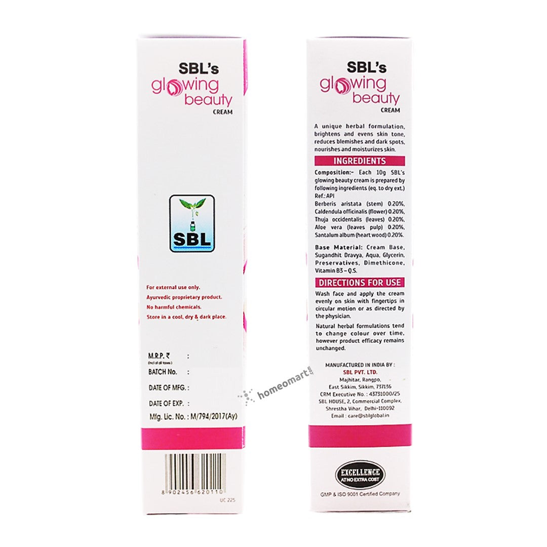 SBL's Glowing beauty cream carton box, cream for glowing skin naturally, homeopathic fairness cream for pigmentation, herbal cream for acne scars,