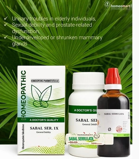 Homeopathic medicine products with descriptive text on a green leafy background of sabal serrulatta plant