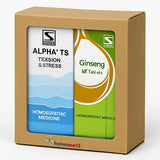 Box containing Alpha' TS and Ginseng products with visible branding on a white background indicating stress relief 