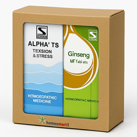 Box containing Alpha' TS and Ginseng products with visible branding on a white background indicating stress relief 