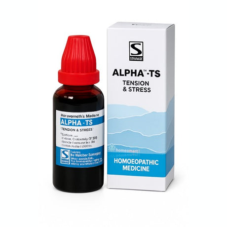 Alpha-TS homoeopathic medicine bottle and packaging on a white background