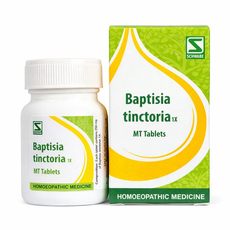 Baptisia tinctoria MT Tablets packaging with bottle and box on a white background