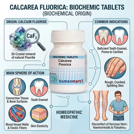 tooth enamel strengthening homeopathy, flatulence homeopathy remedy, Schuessler tissue salts, Schwabe India biochemic tablets, calcarea fluorica benefits, natural connective tissue support, homeopathic skin care remedy, calc fluor 6x tablets