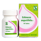 Echinacea angustifolia 1X homoeopathic medicine packaging including bottle and box with Schwabe logo.