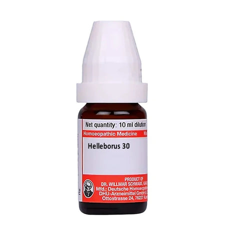 Bottle of Schwabe Helleborus 30 homeopathic medicine on a white background
